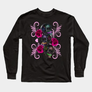 Triple Black Day Of The Dead Skulls Pink Roses Long Sleeve T-Shirt